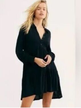 Free People Black Long Sleeve Tiered Shirt Dress